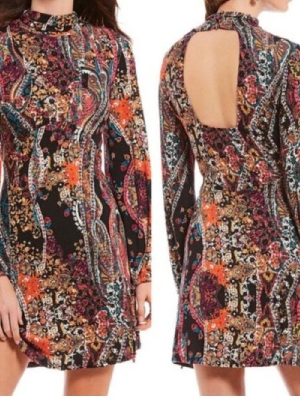 Free People Mock Neck Long Sleeve Paisley Print Dress in Black and Orange Med
